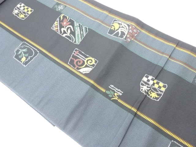 JAPANESE NAGOYA OBI / CHIKUZEN HAKATA / WOVEN FLORAL PLANTS